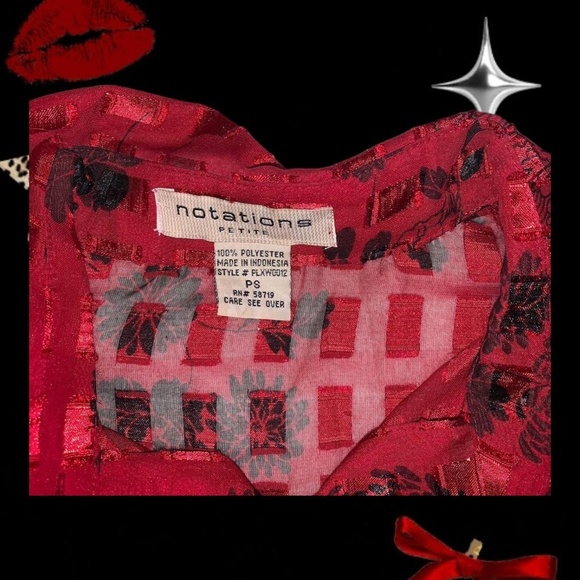 Red sheer button down with sparkly thread and black floral pattern. - Picture 3 of 3